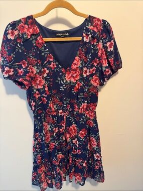 Midnight Doll Navy Floral V-Neck Short Dress